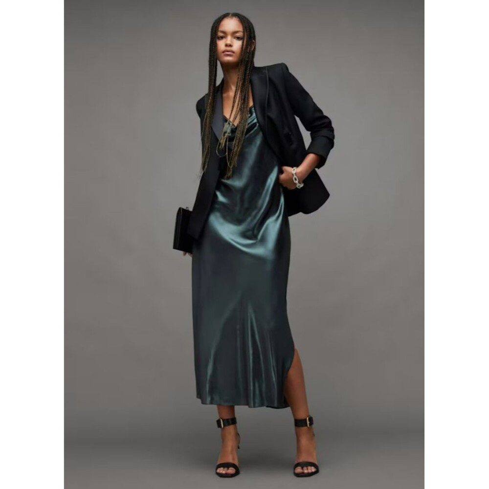 AllSaints Hadley Metallic Cowl Neck Slip Dress sz 10 Iridescent Satin Old Money - Picture 2 of 13